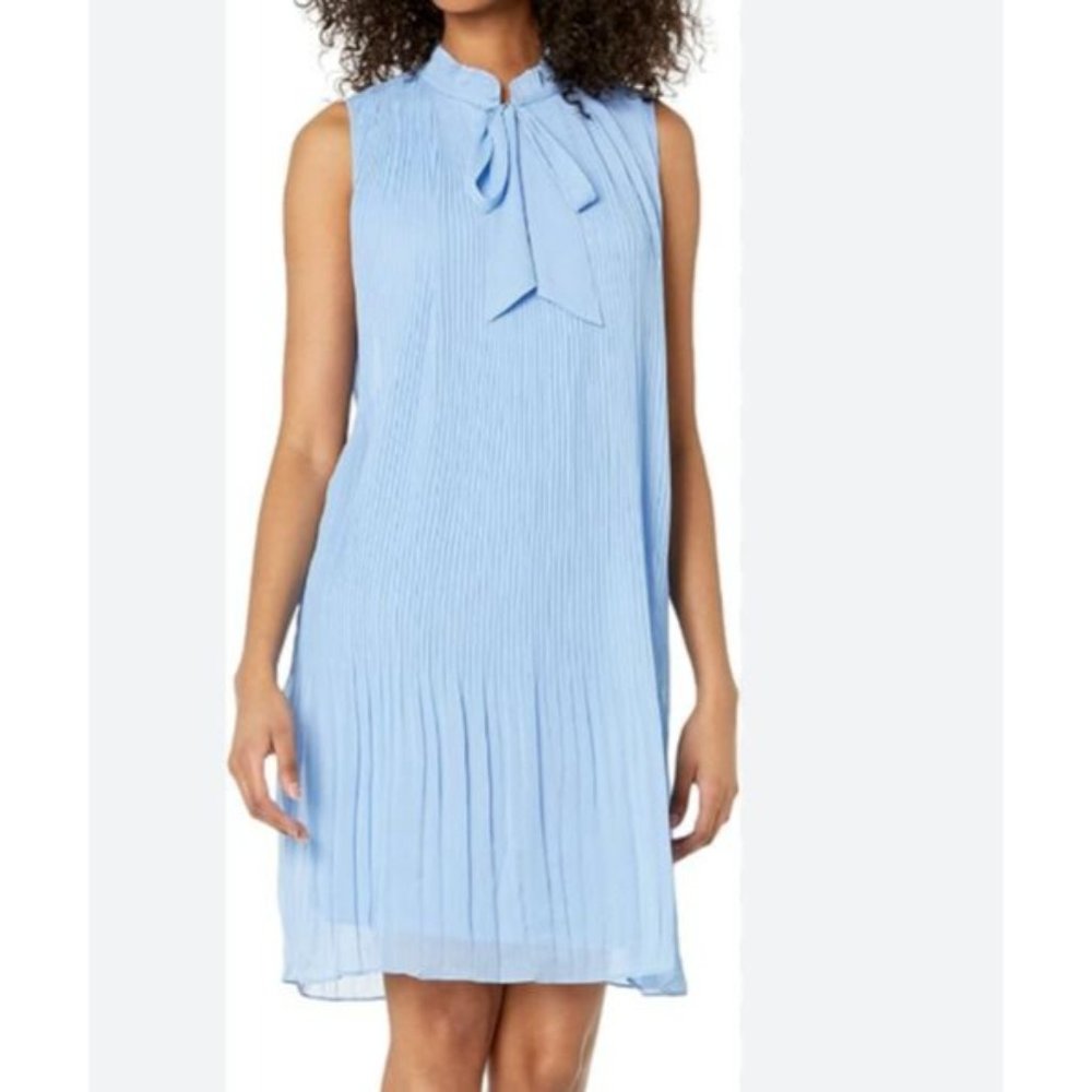 DKNY Sheath Dress 12 Blue Vertical Pleat Tie Neck Career Church